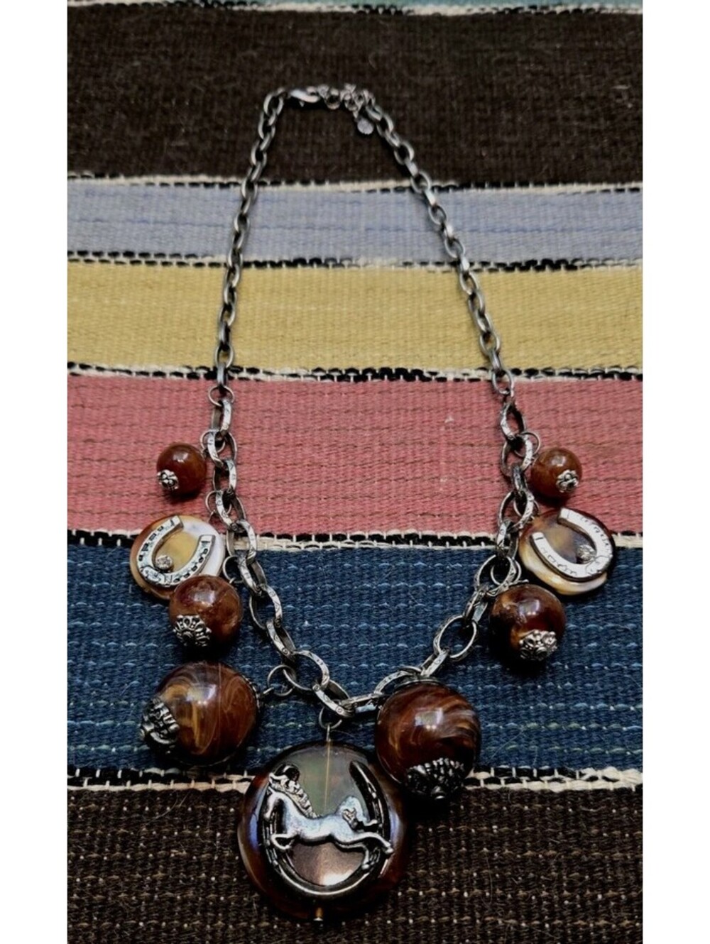 Western Brown Color Stone Necklace With Pewter Cowboy Accents 18" Beads & Discs